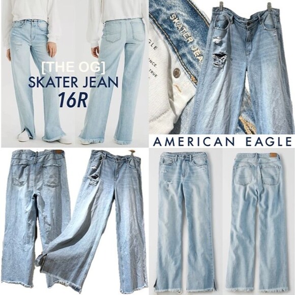 AE Skater Jeans Drapey Rigid Baggy Wide Leg Distressed Light Wash Raw Hem 16 - Picture 1 of 12